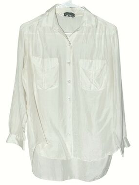 Henri Pierre vntg 100% silk hi/low hem button front long sleeve blouse 9/10 Flaw